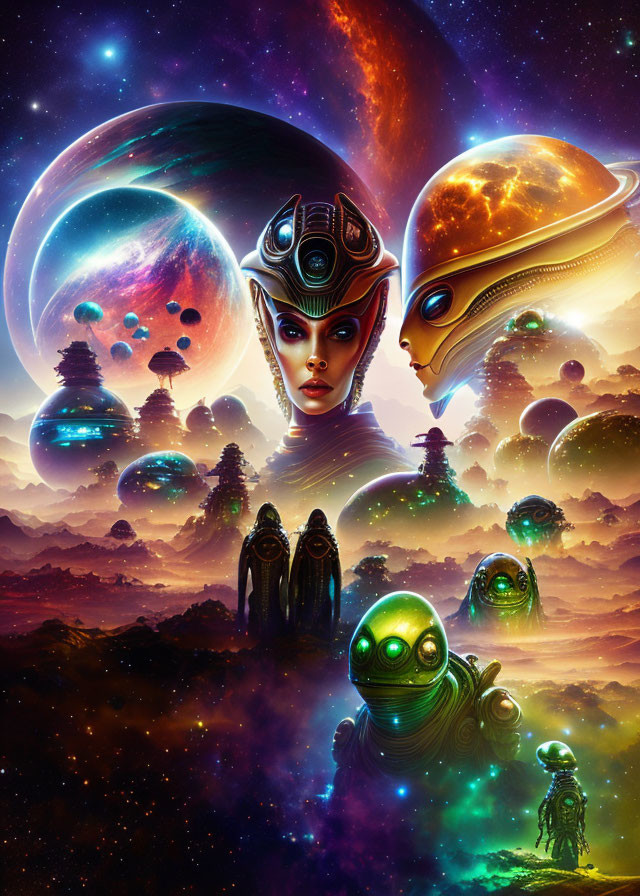 Colorful sci-fi scene featuring aliens, humanoid figure, floating cities, planets, and nebula cosmos