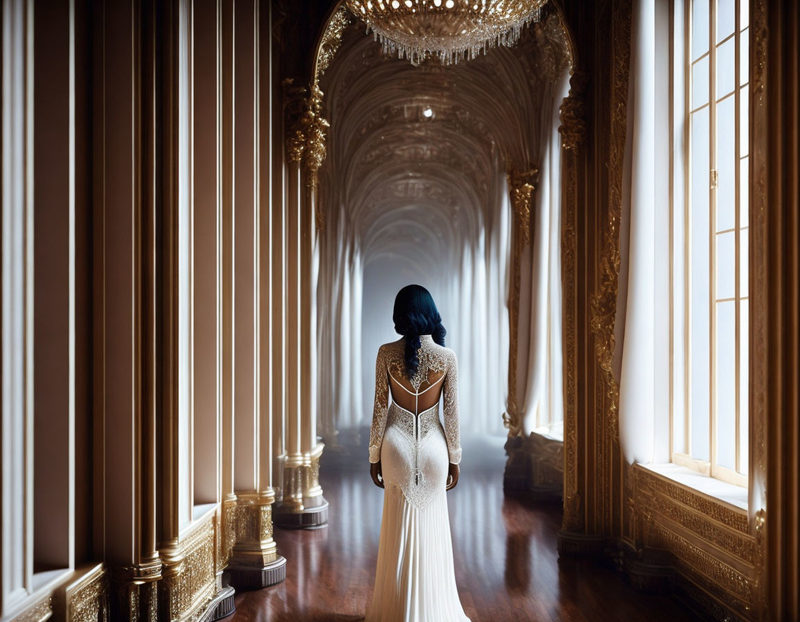 Elegant woman in white dress walking through luxurious corridor