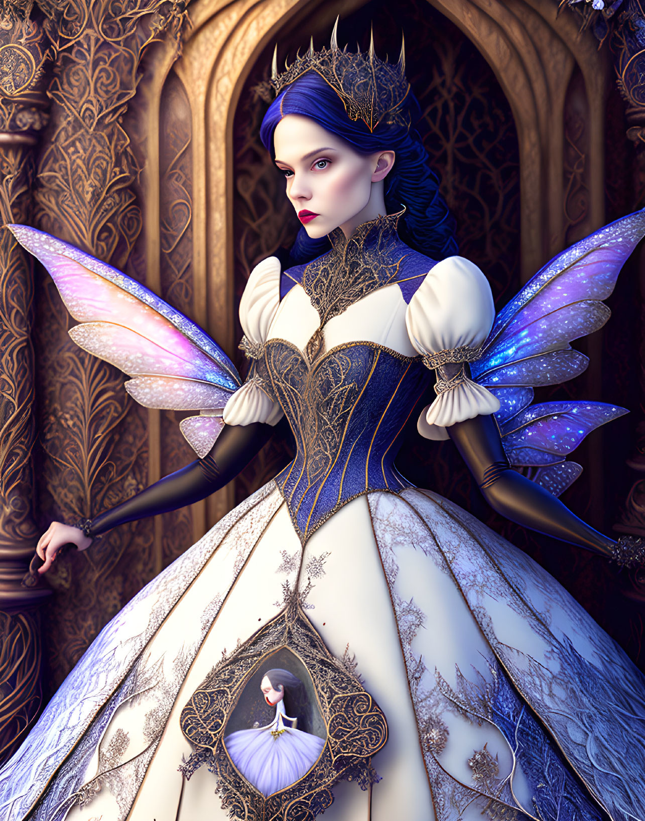 Iridescent Fairy Tale Queen with Ornate Gown and Crown