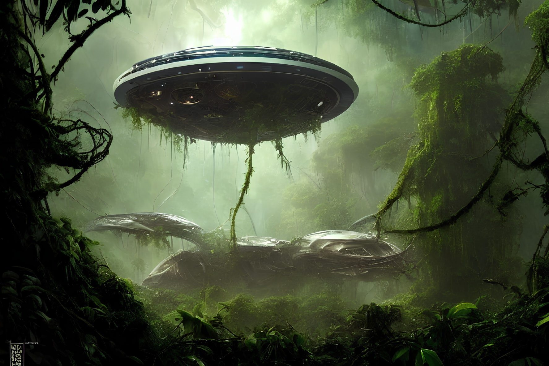 Metallic UFO hovers over misty jungle with vibrant green foliage