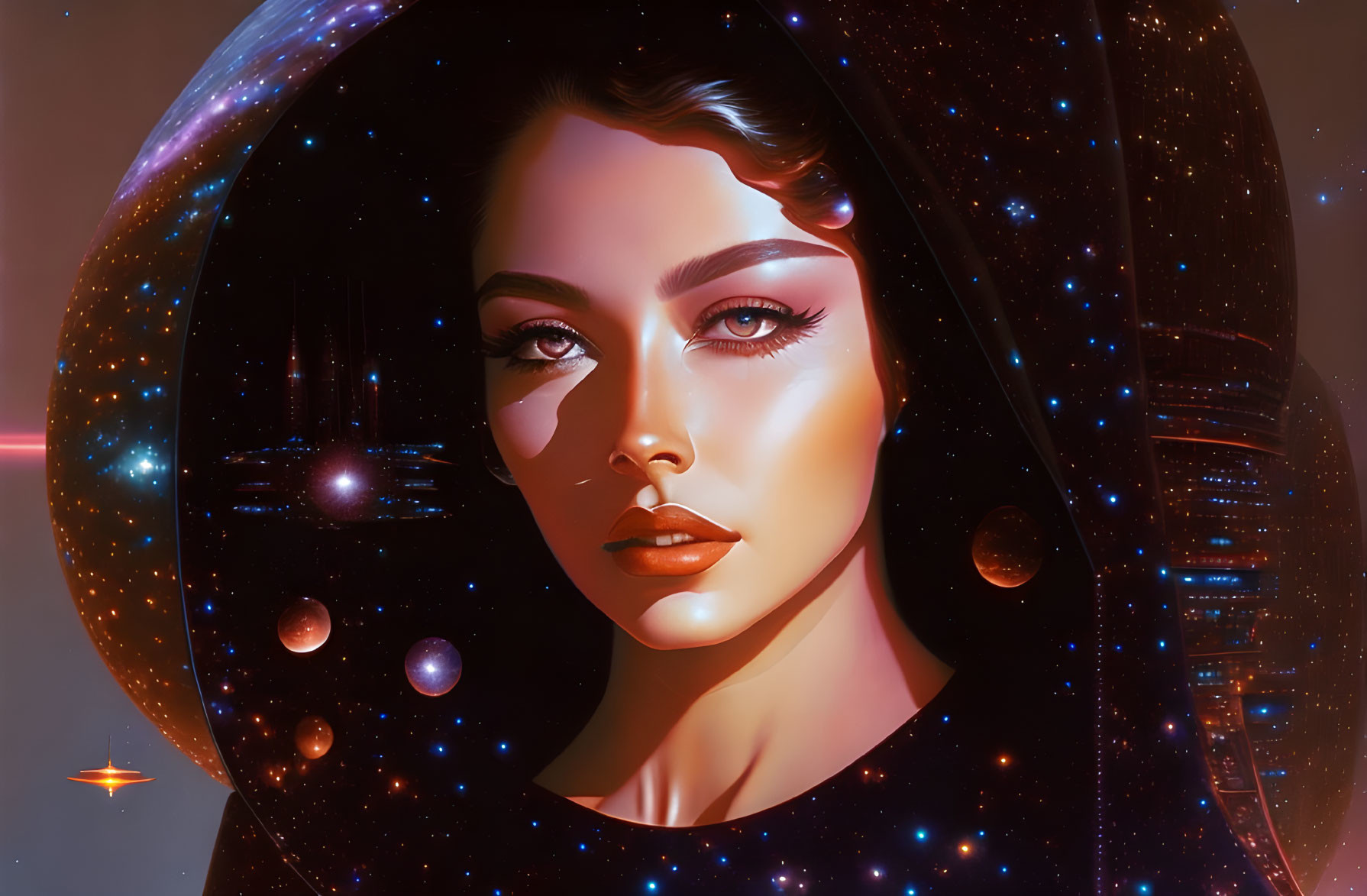 Digital artwork: Woman with cosmic features and space backdrop.