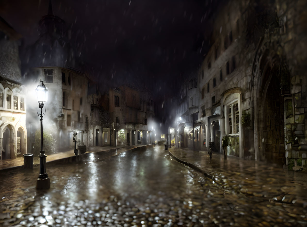 Historic European street on a rainy night with cobblestones and street lamps