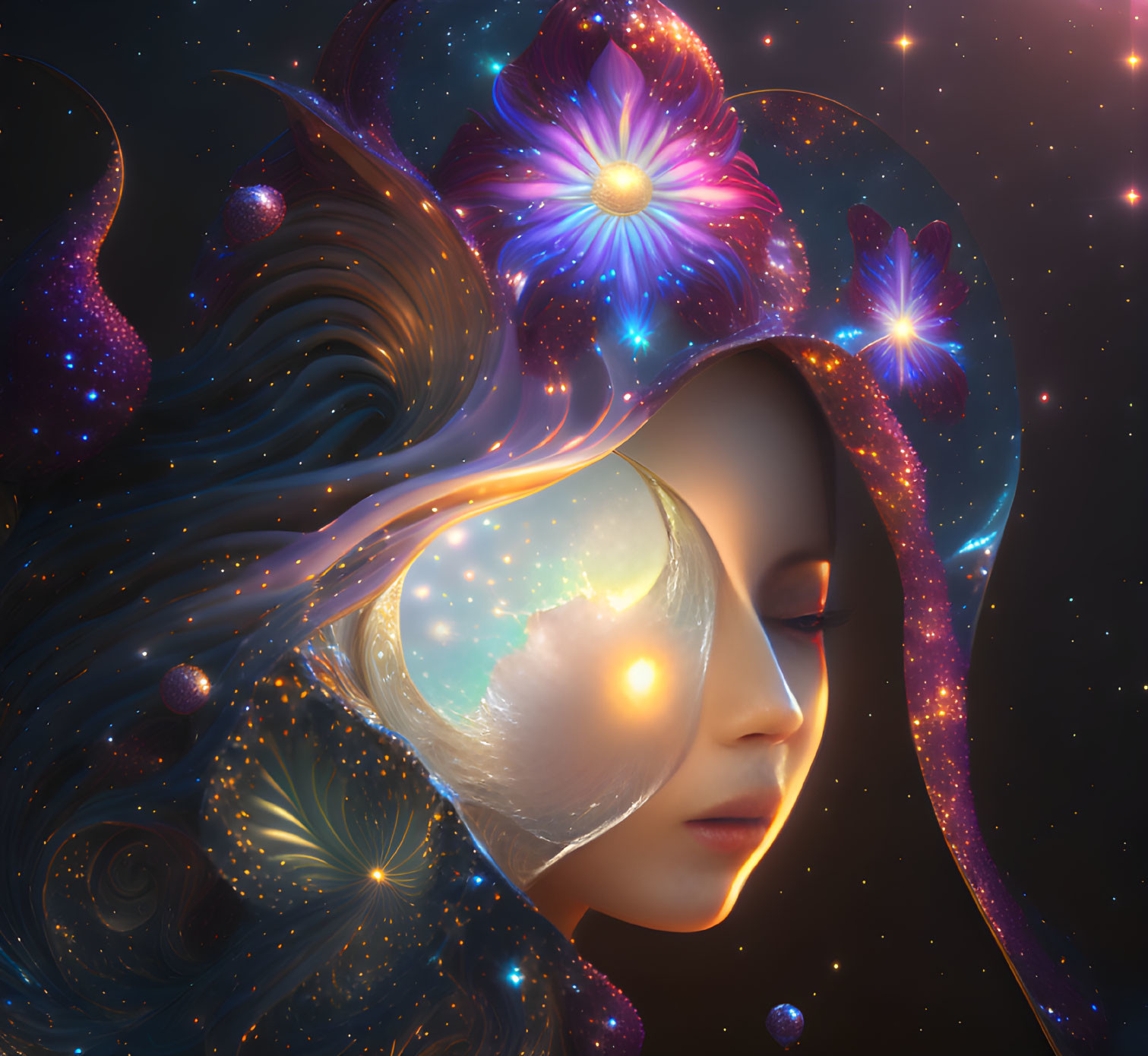 Cosmic woman digital art portrait with galaxy and floral hair patterns