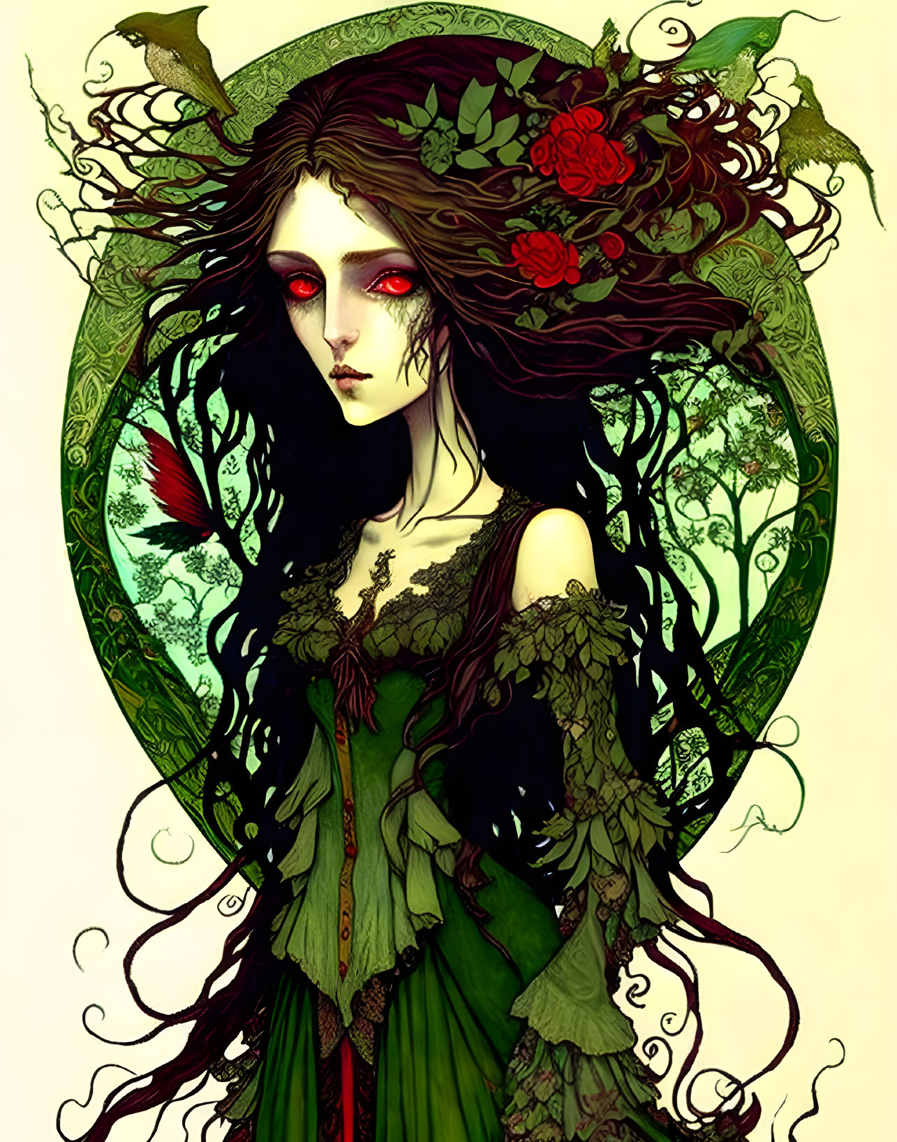 Mystical woman with red eyes in ornate green frame and intricate tree and floral patterns