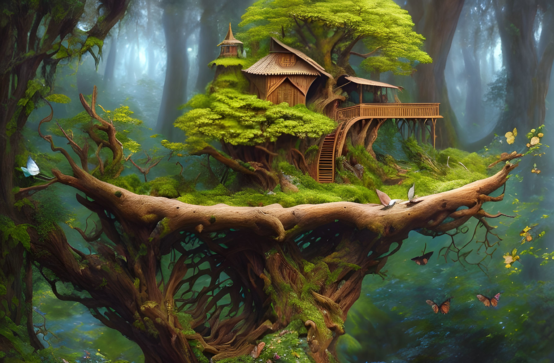 Enchanting treehouse in mystical forest with butterflies