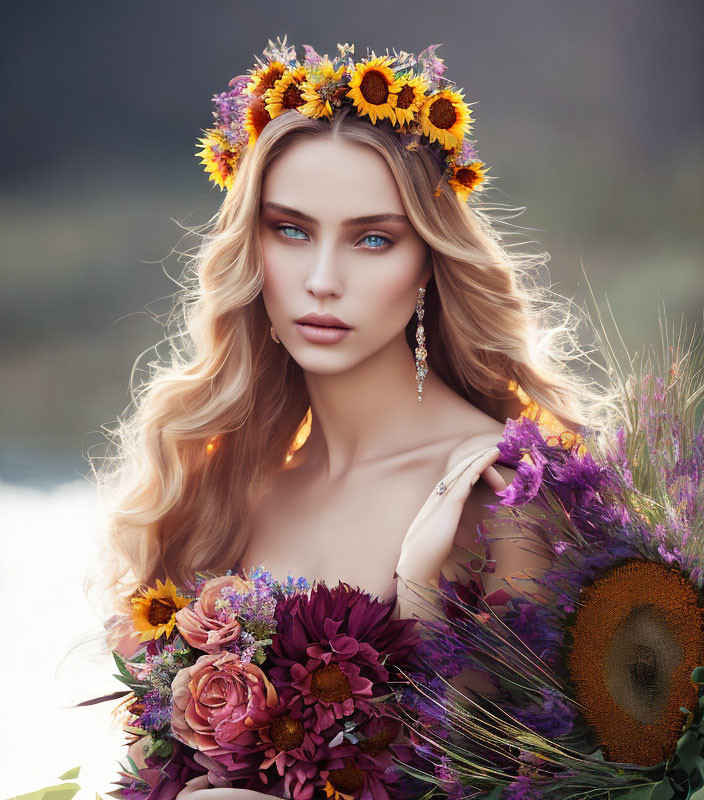 Blonde Woman with Sunflower Crown and Bouquet in Soft Focus