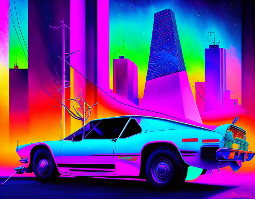 Colorful retro-futuristic cityscape with classic car, neon skyscrapers, and starlit