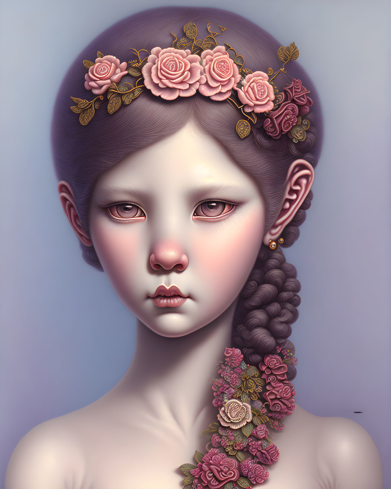 Digital portrait of a girl with purple hair, pointed ears, floral crown, and necklace.