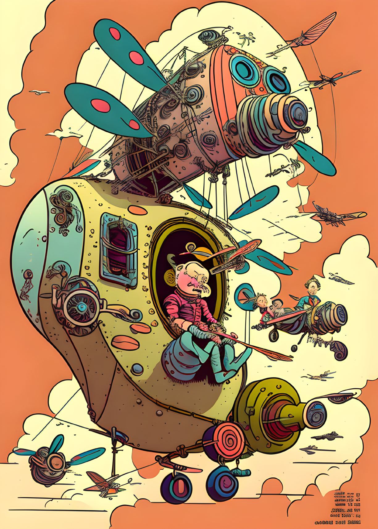 Child piloting fantastical aircraft with winged creatures in whimsical illustration