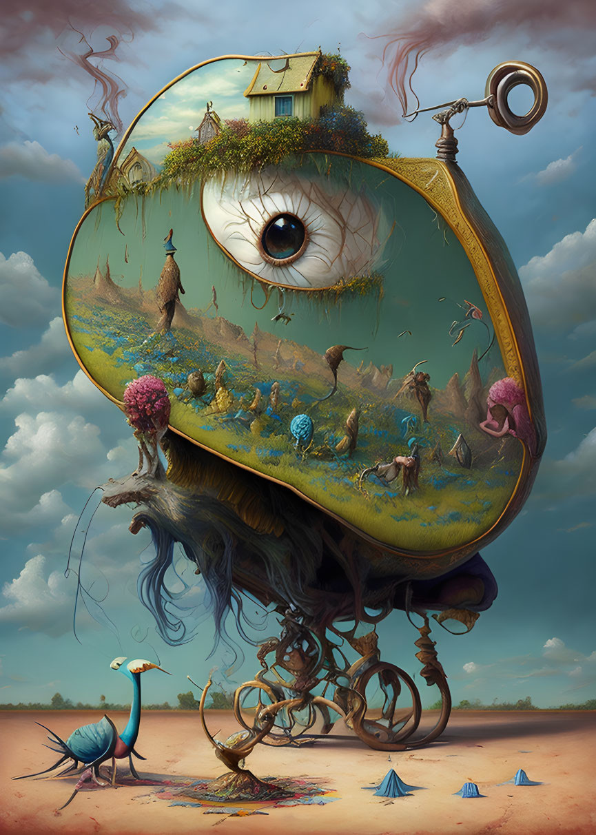 Surreal framed artwork: Eye-shaped landscape with whimsical elements