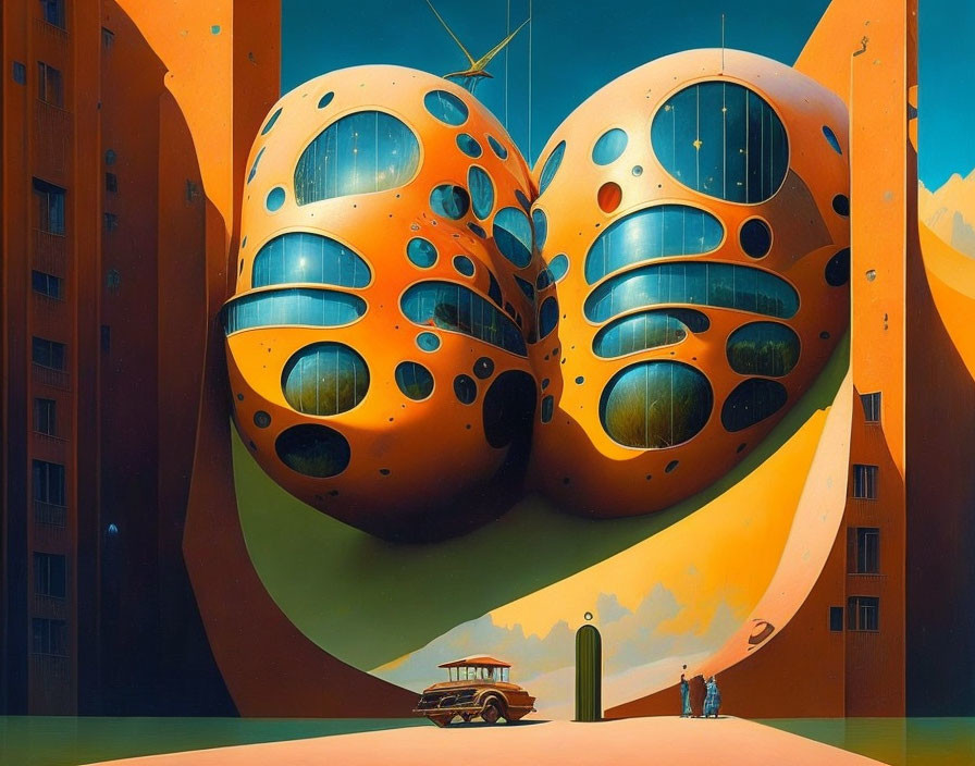 Surrealistic painting of organic blob building with vintage car and figures surrounded by orange high-rises