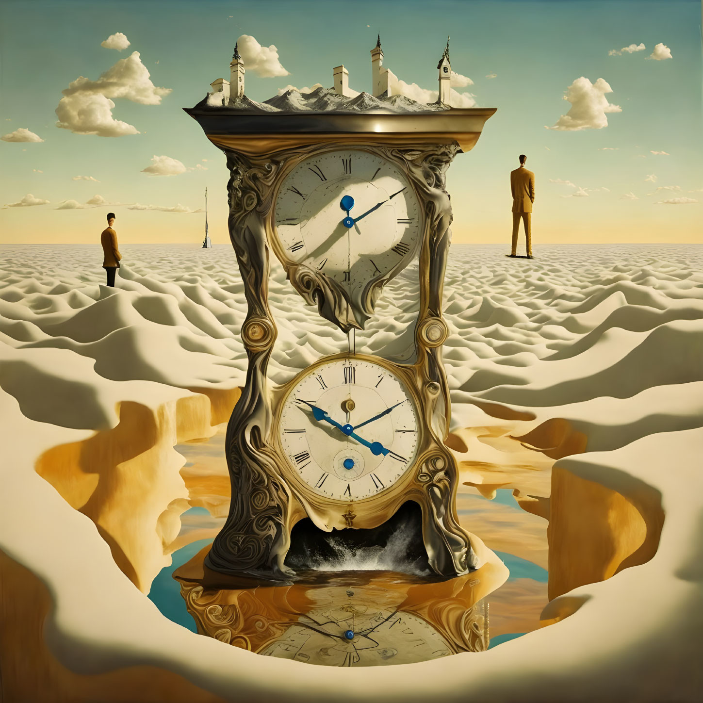 Surrealist painting: Melting ornate clock in desert with distant figures