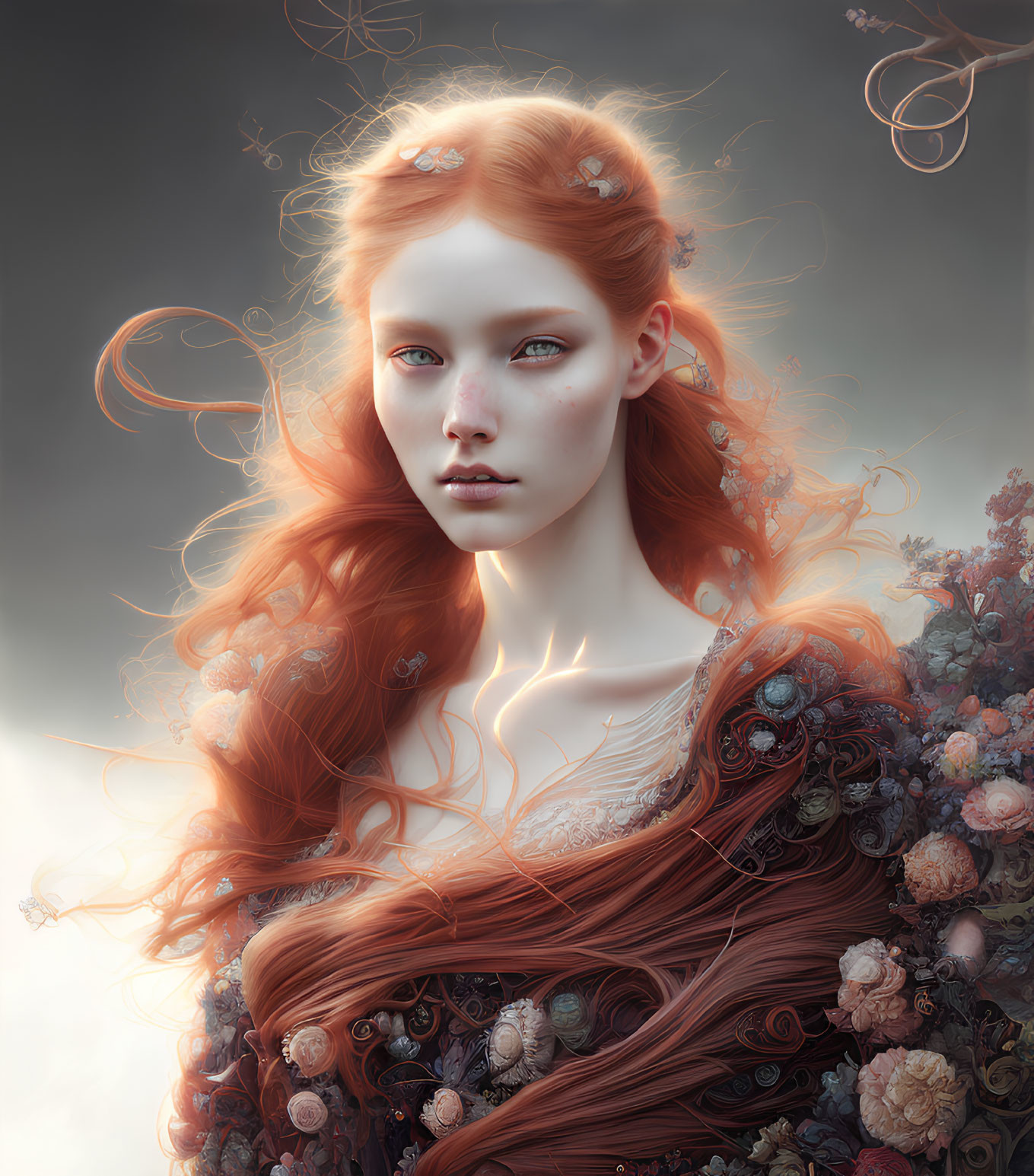 Ethereal woman portrait with red hair and flowers on pale skin.