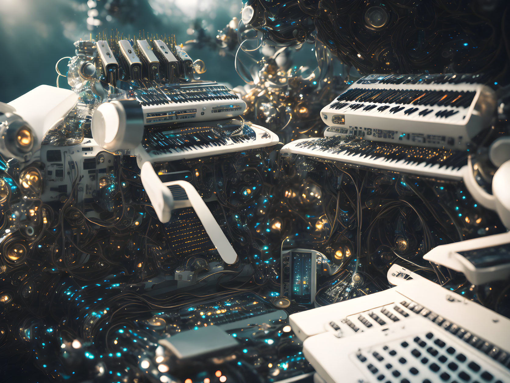 Futuristic electronic music equipment with keyboards and intricate machinery.