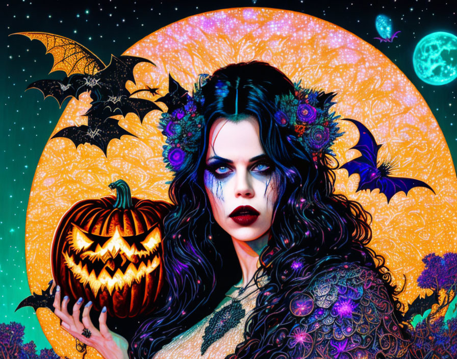 Gothic figure with jack-o'-lantern under full moon