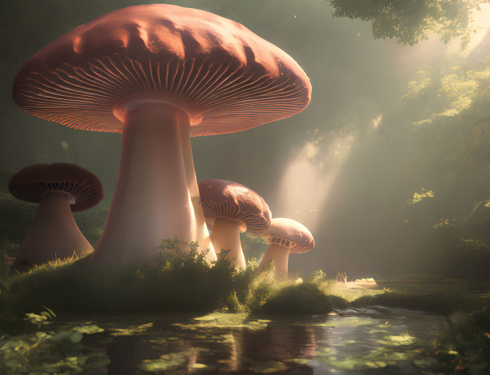 Enchanted forest scene: giant mushrooms by serene stream