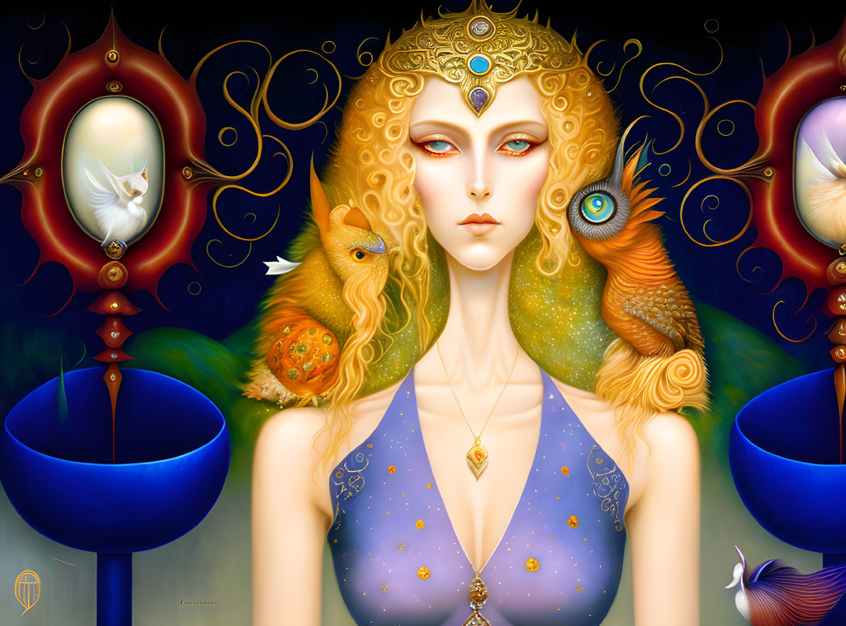 Woman with Golden Curls Surrounded by Symbolic Elements and Intricate Jewelry