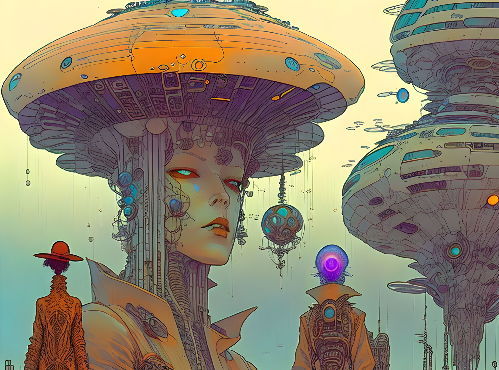 Futuristic cityscape with mushroom-like buildings and stylized female figure in retro-futuristic sci