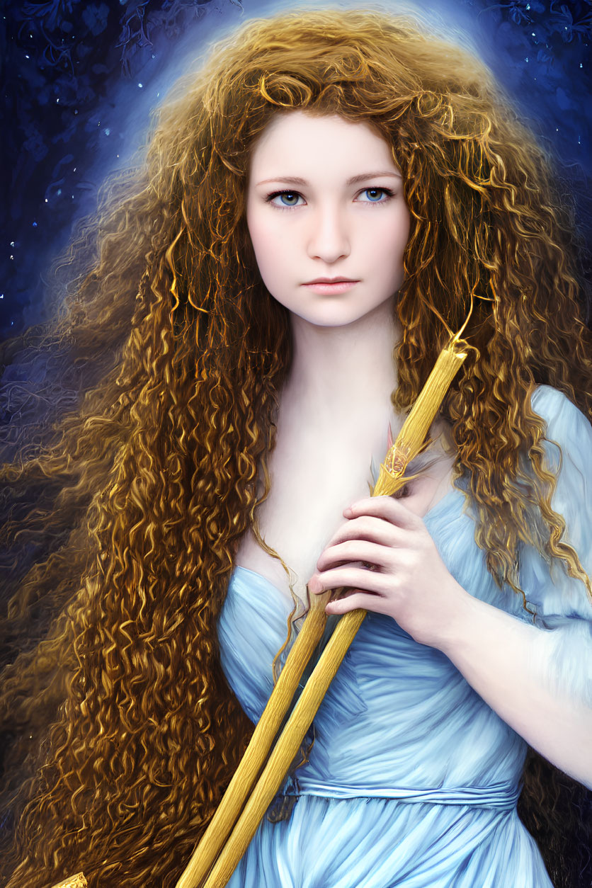 Young woman with curly hair holding golden staff in starry night scene