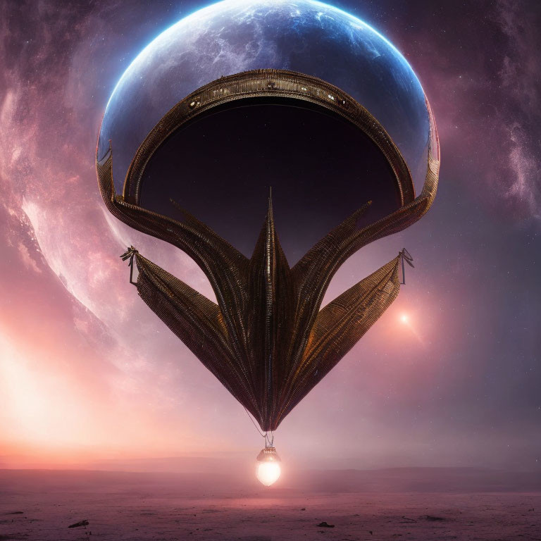 Giant ornate spaceship on barren landscape with large planet and pink sky