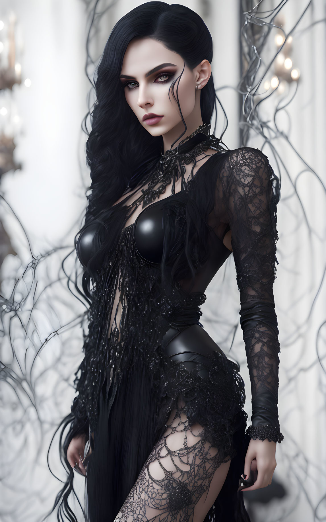 Dark-haired woman in gothic black lace dress against subtle lights