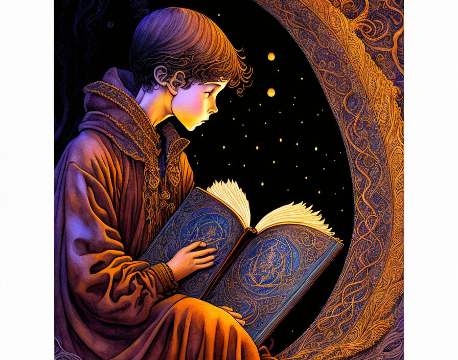 Child Reading Magical Book Under Starry Sky Illustration