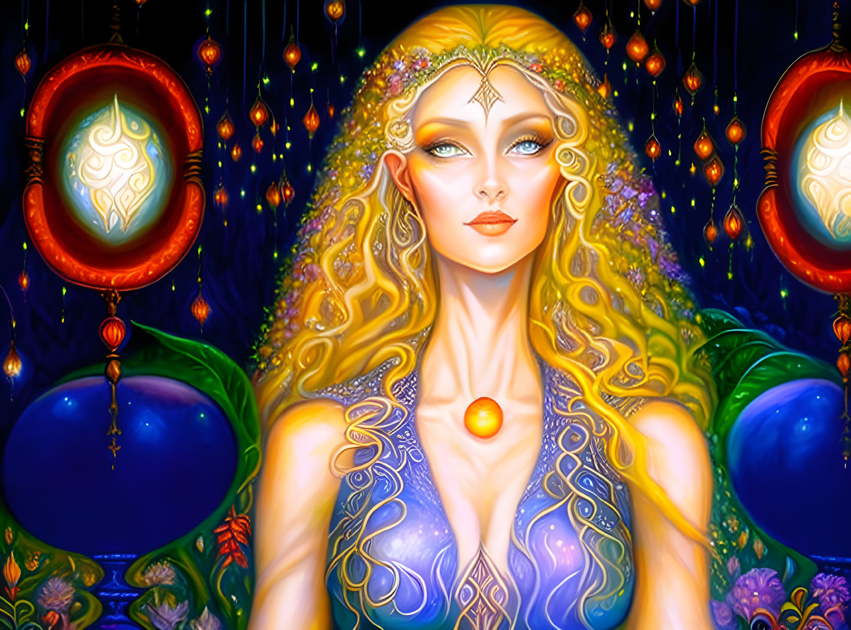 Illustration of mystical woman with golden hair and blue attire, surrounded by lanterns in starry scene