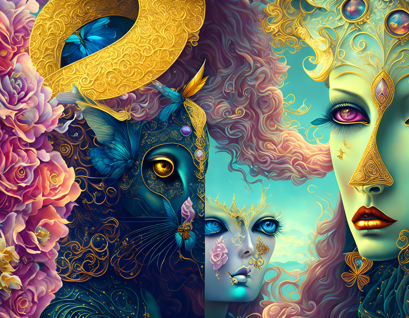 Colorful digital artwork: Two faces with golden masks, flowers, abstract patterns