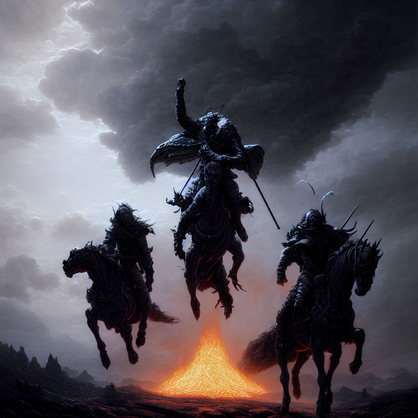 Silhouetted armored riders and horses against glowing lava fissure