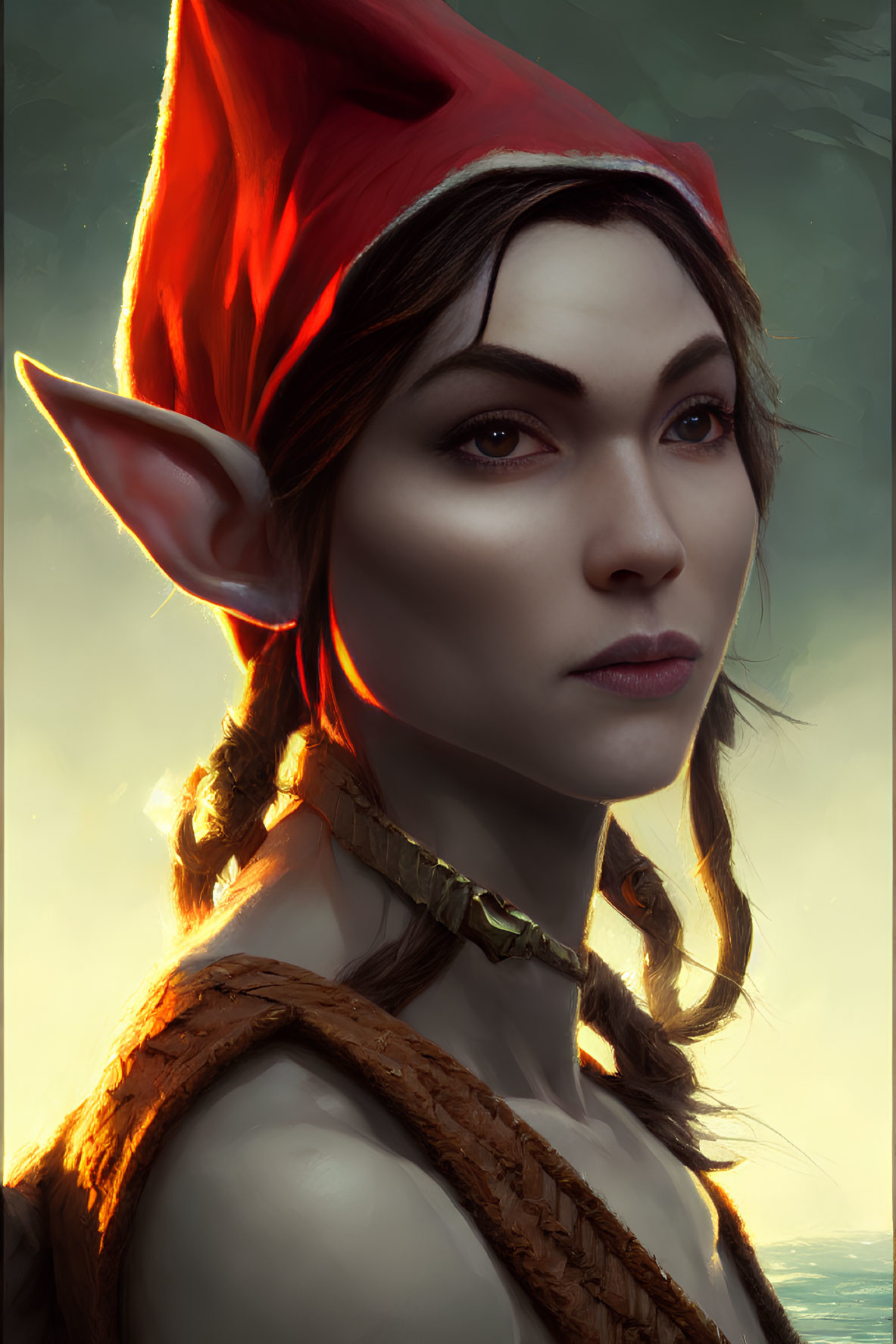 Fantasy female elf digital portrait in red cap with soft backlight