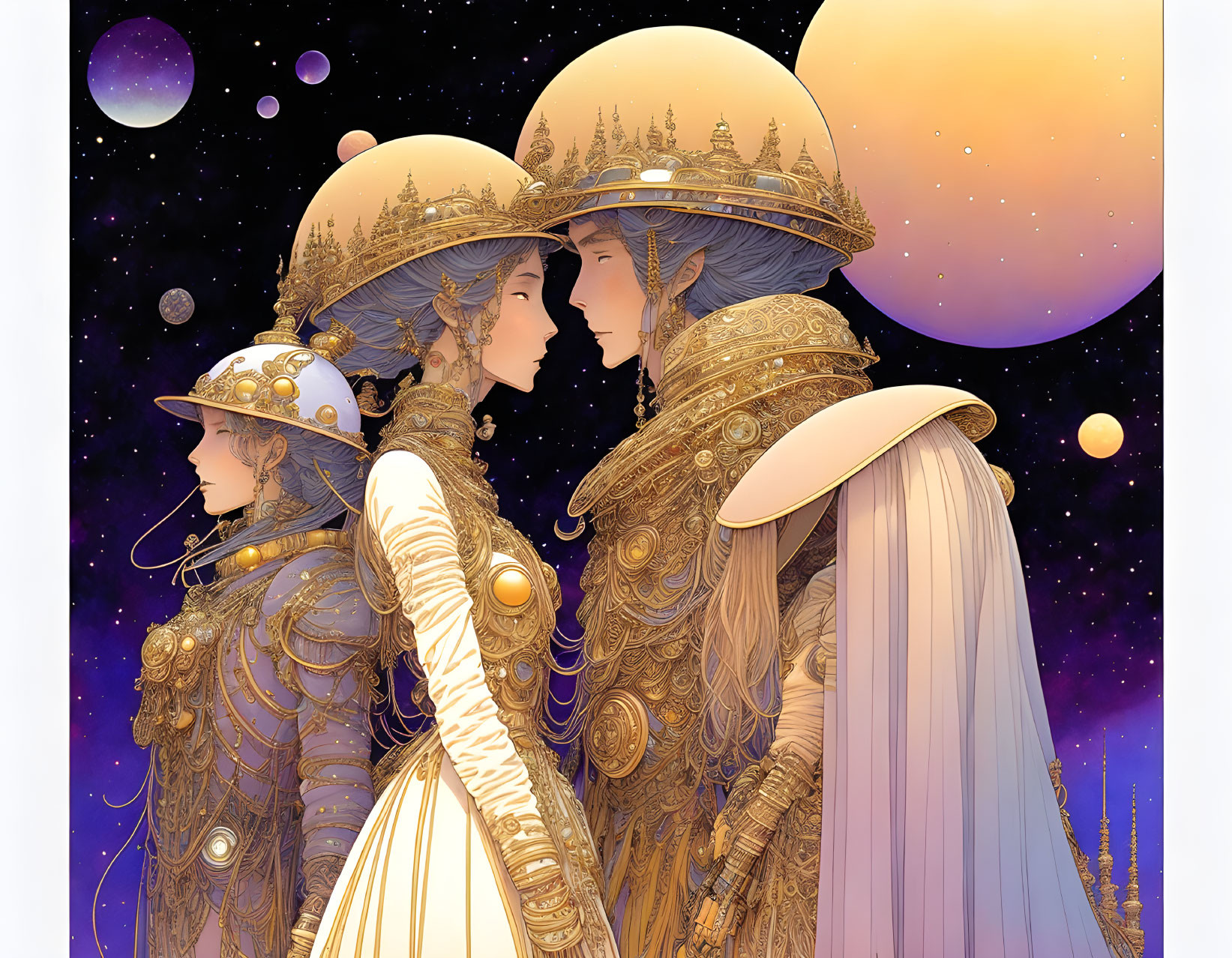 Ornately adorned characters in space-themed helmets and armor under cosmic backdrop