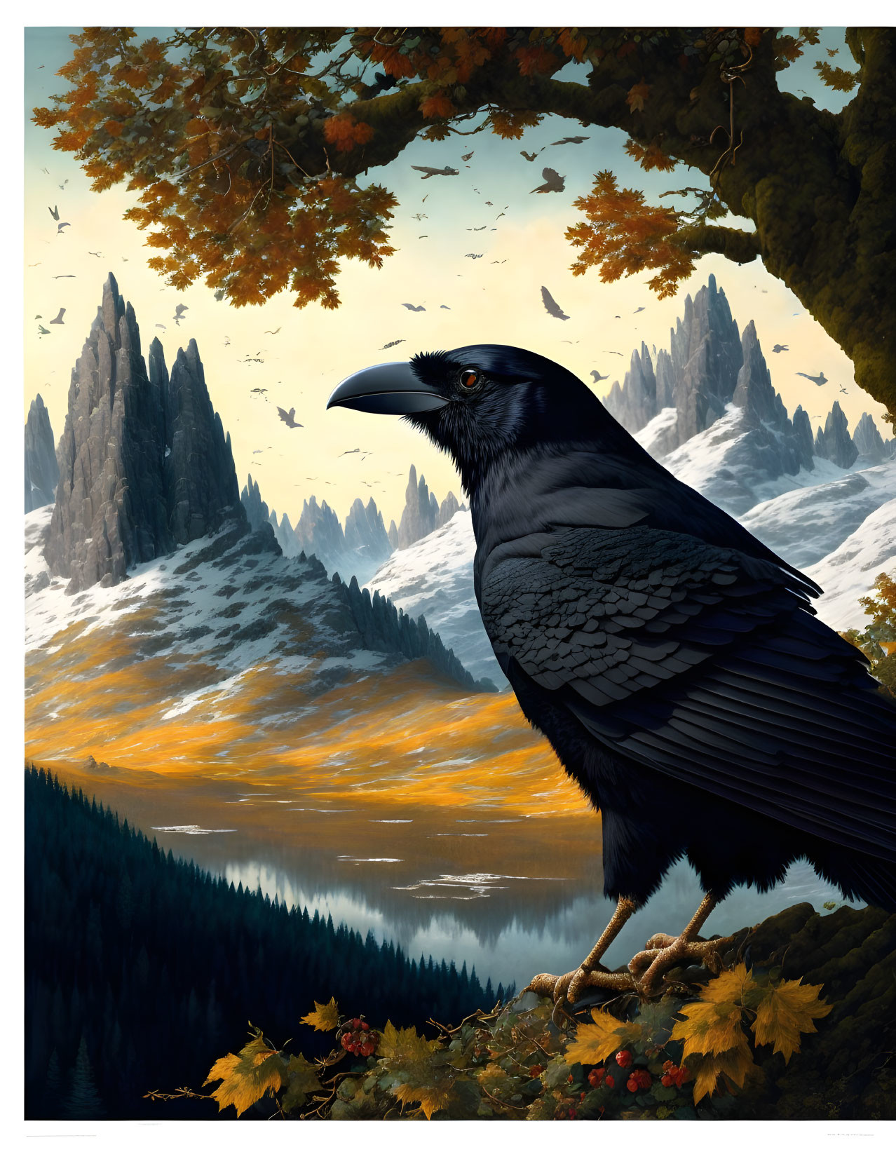 Raven on Branch Overlooking Autumn Mountain Landscape