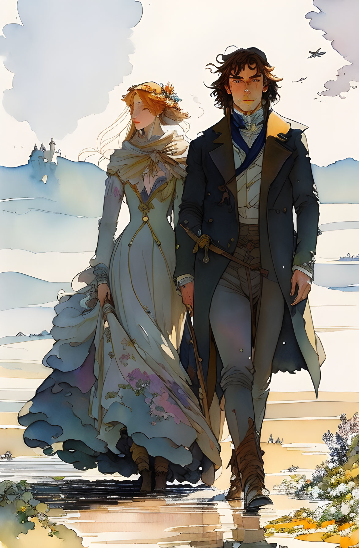 Couple in elegant fantasy attire walking by castle and hills