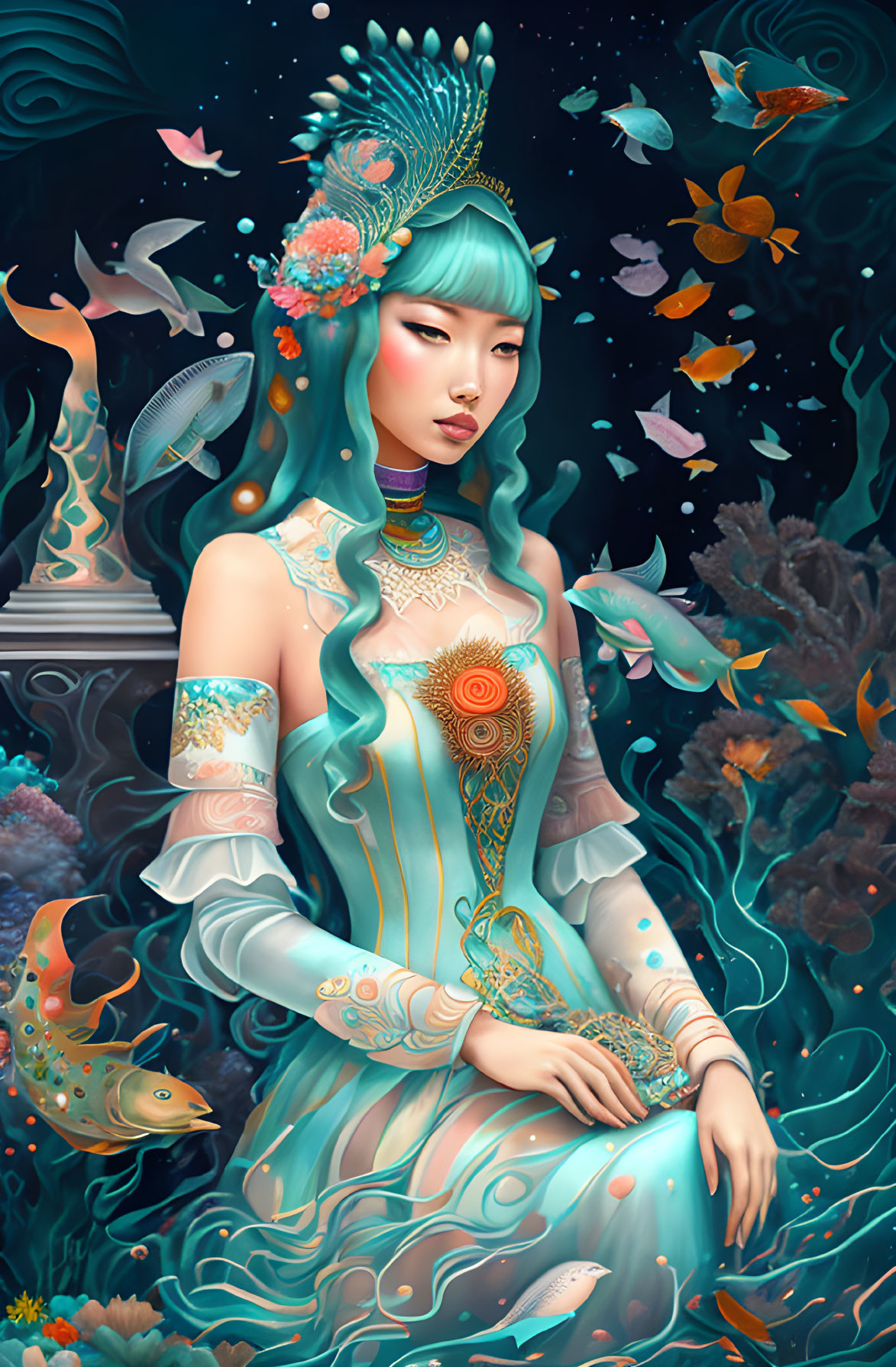 Digital Artwork: Serene Woman with Aqua Hair, Crown, Marine Life, Floral Dress