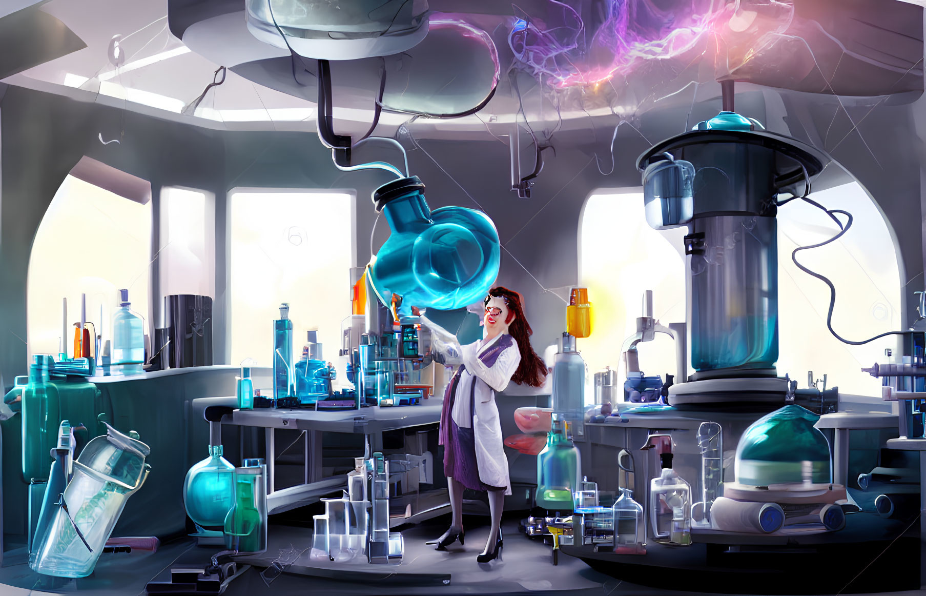 Futuristic scientist lab with colorful chemicals and advanced equipment