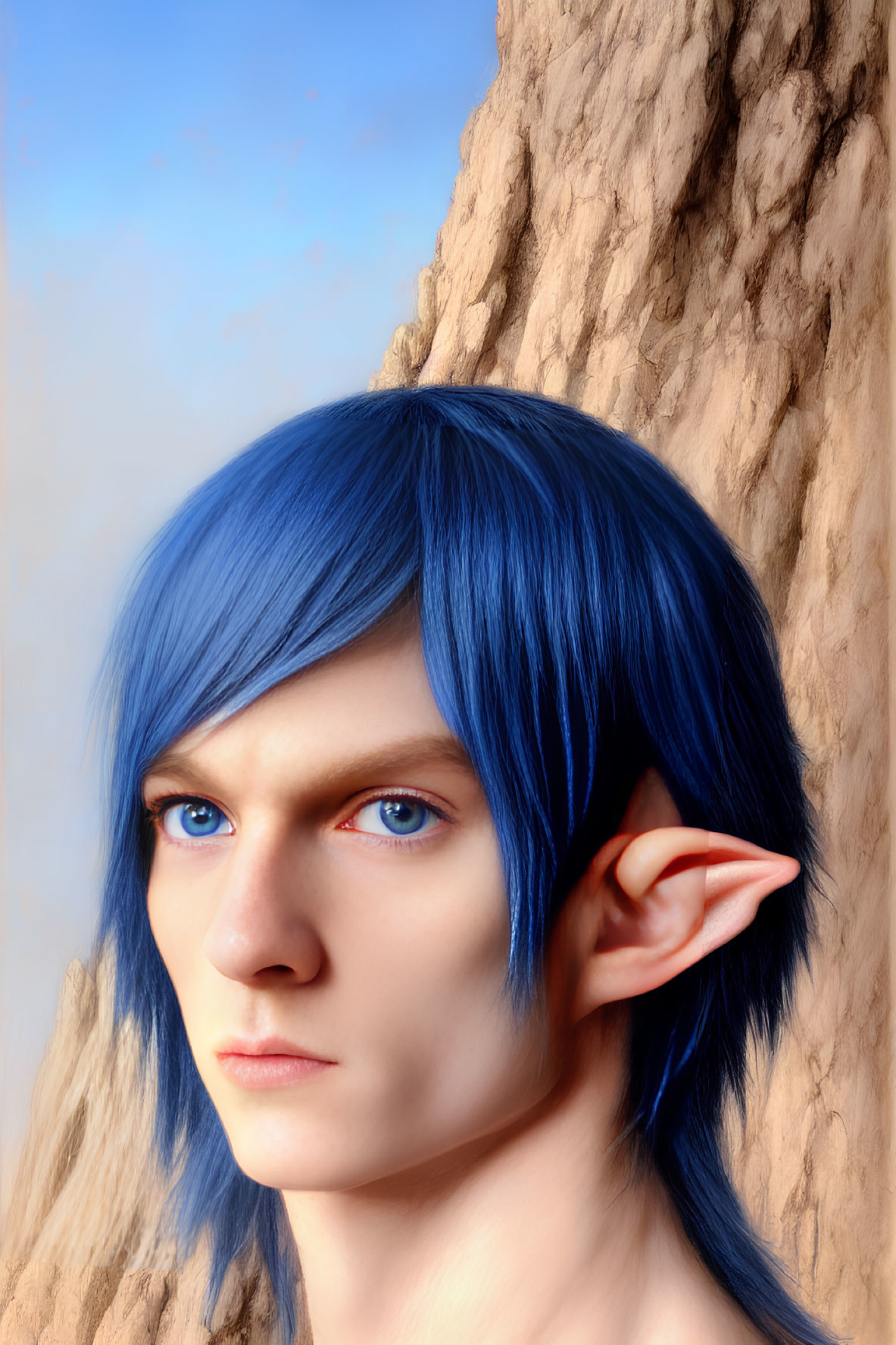 Digital artwork of person with pointed ears and blue hair leaning against tree under cloudy blue sky