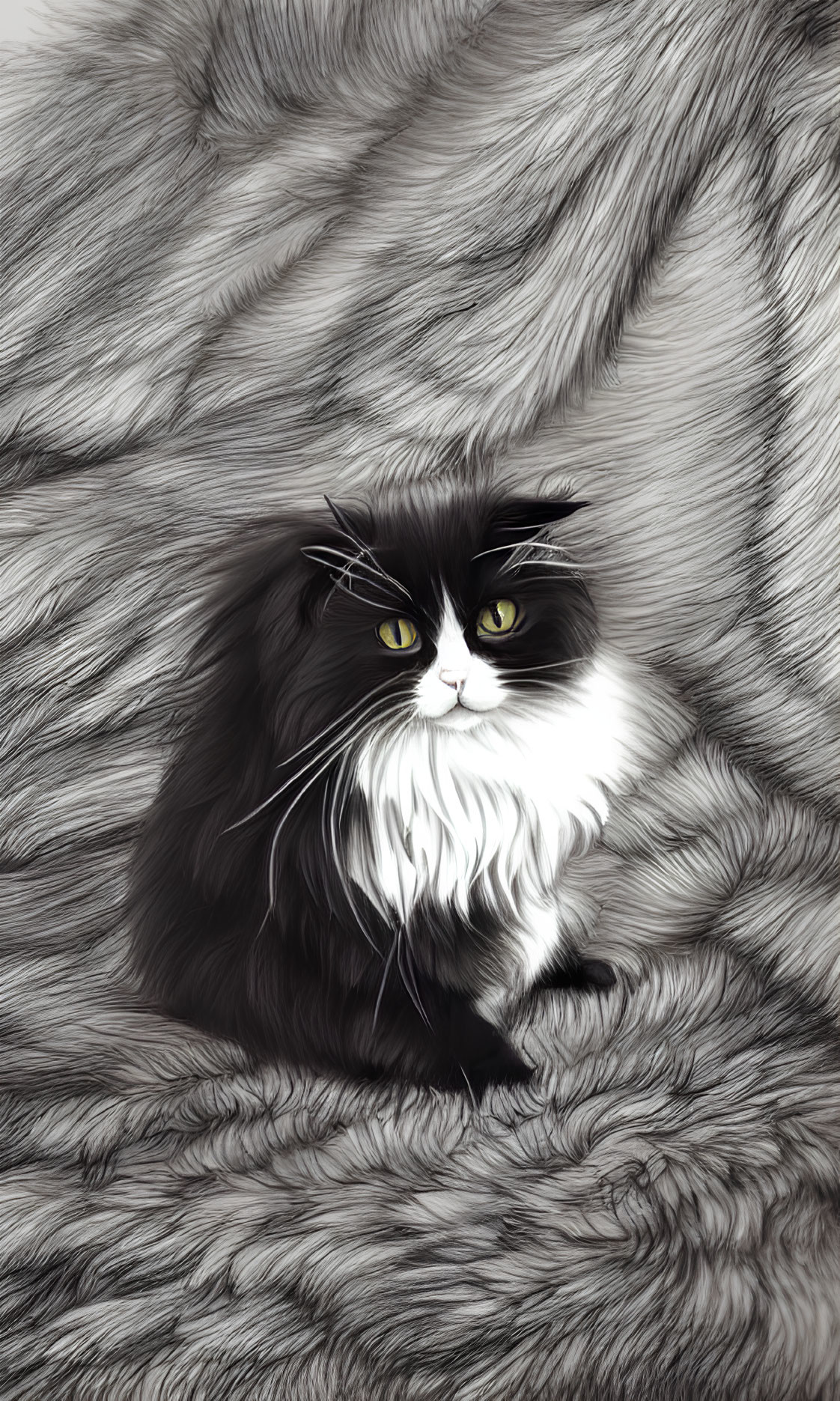 Fluffy Black and White Cat with Bright Eyes on Gray Textured Blanket