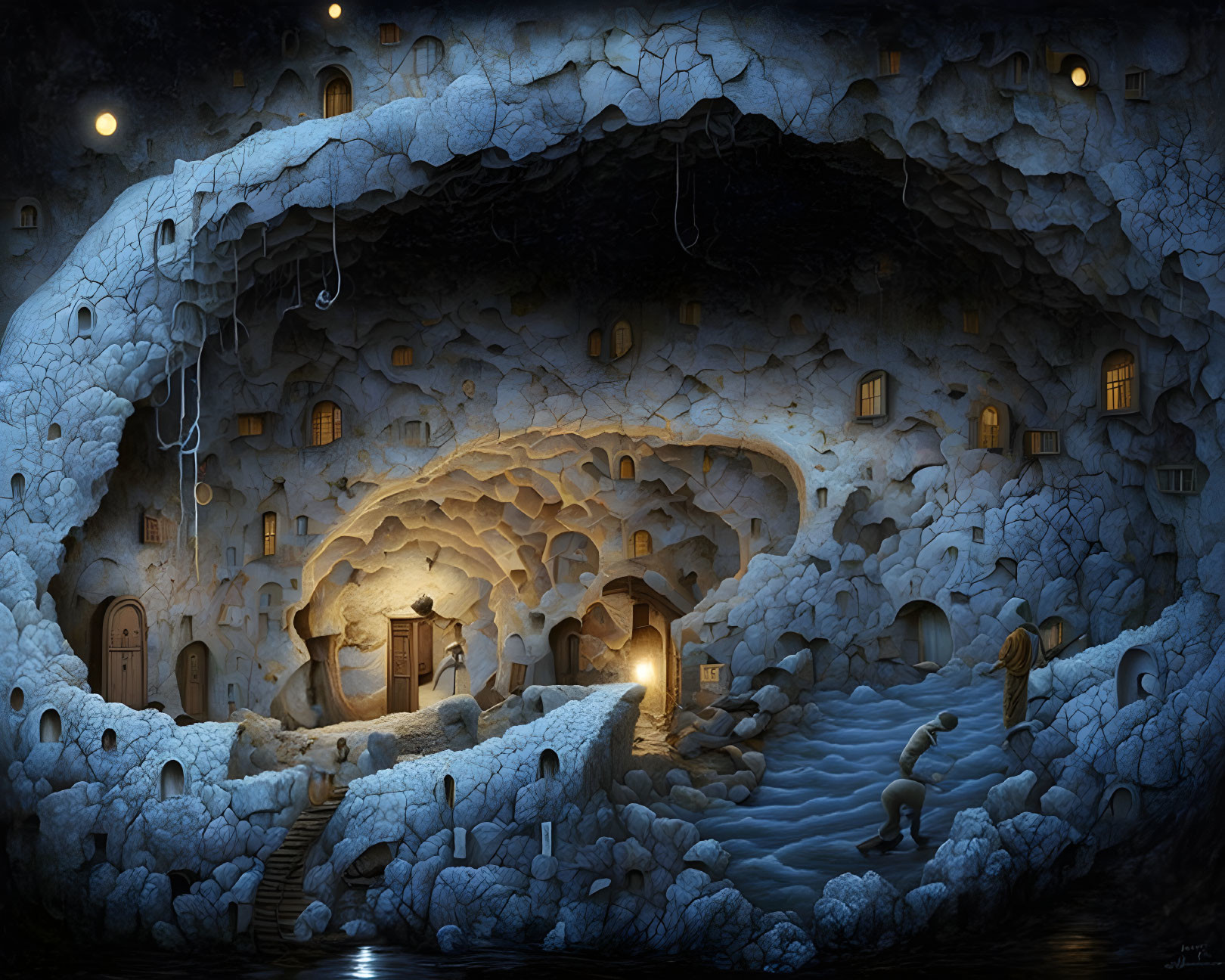 Fantastical cave village night scene with lit windows