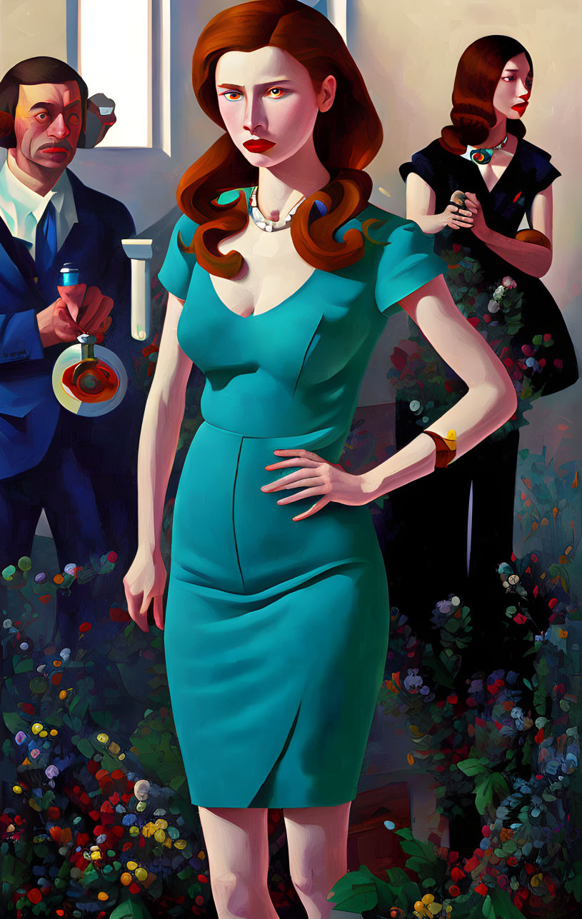 Stylized digital painting of woman in red hair and turquoise dress with man and woman in background