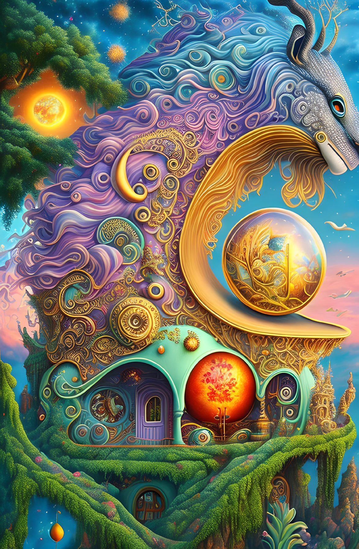 Colorful serpent-like creature in whimsical fantasy landscape