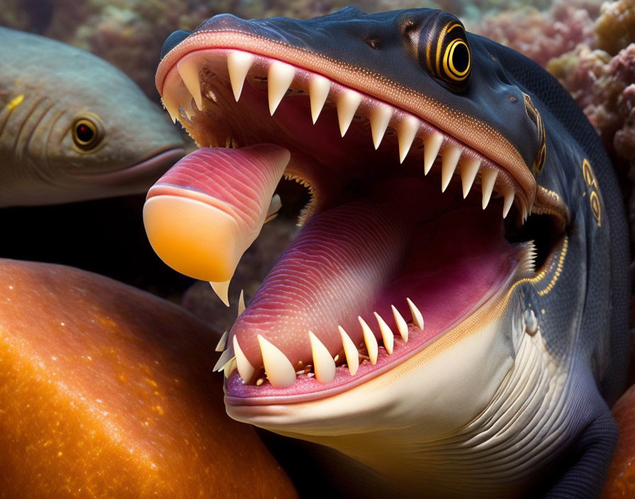 Detailed image of moray eel with sharp teeth near coral and fish.