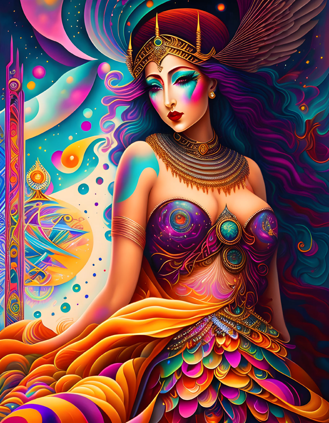 Colorful Peacock Woman Illustration with Cosmic Background