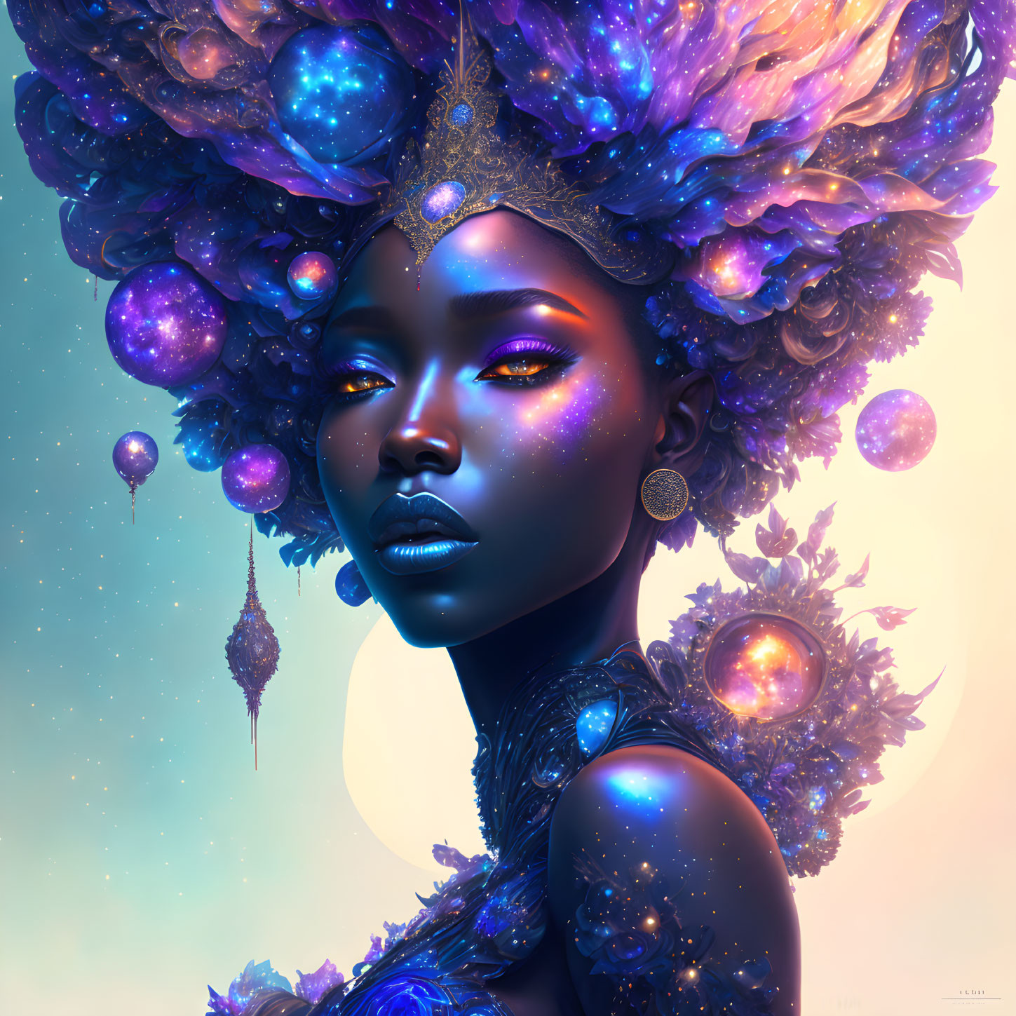 Cosmic-themed digital artwork of woman with dark skin