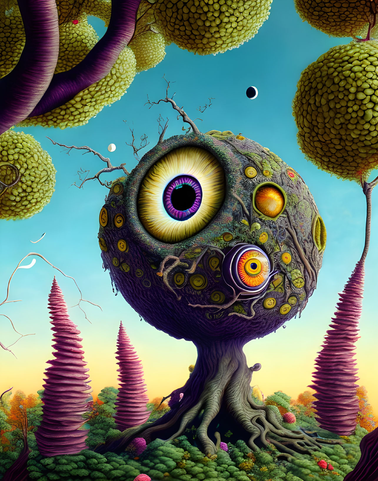 Surreal landscape with giant eye tree and alien flora under two moons