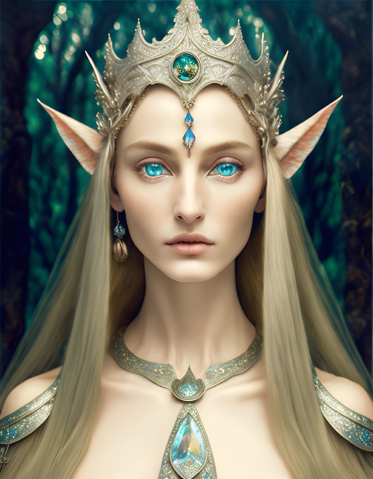 Fantasy elf queen portrait with blue eyes, silver crown, gold attire in mystical forest