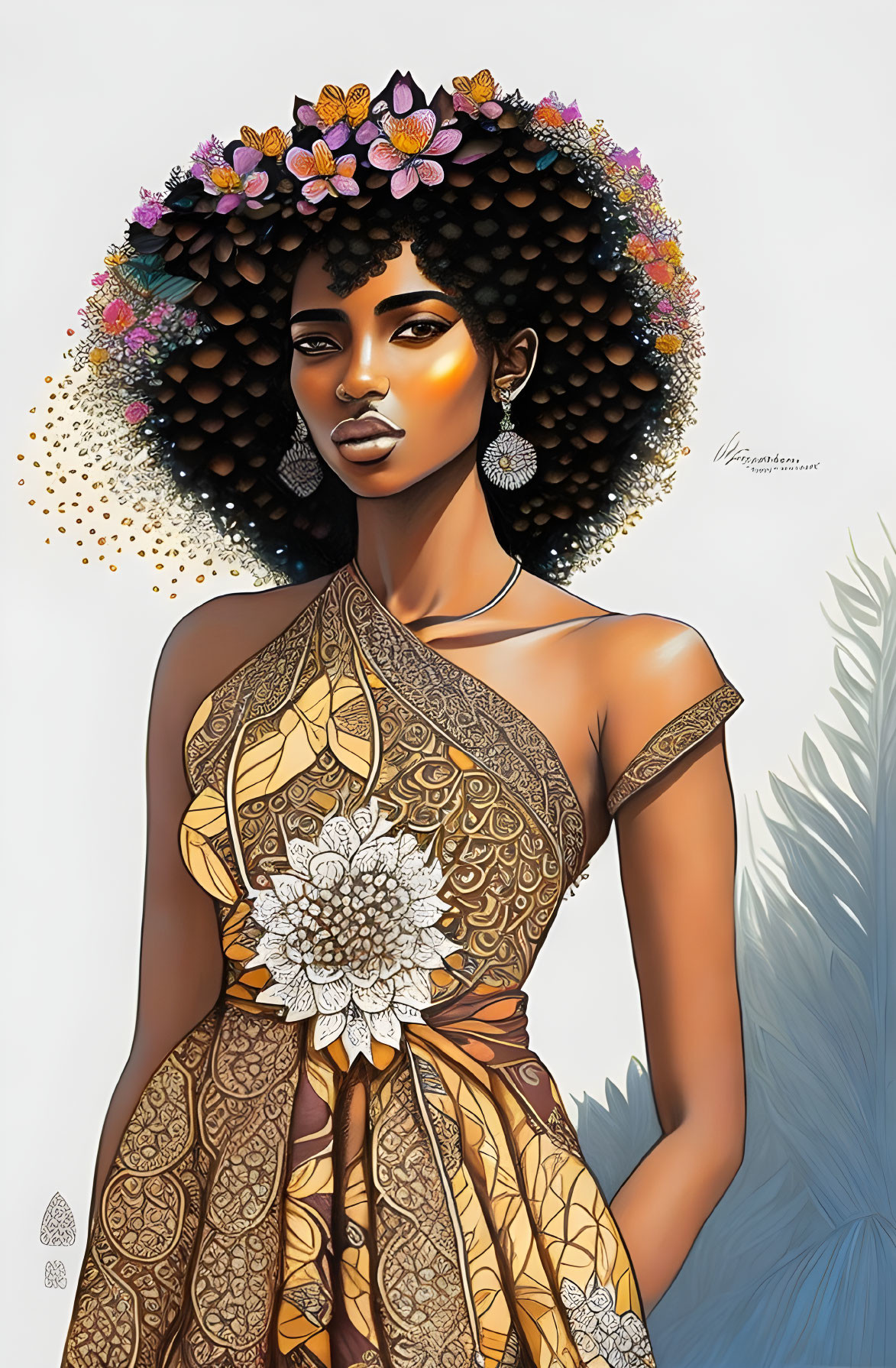 Illustrated portrait of woman with afro & floral hair, in off-shoulder dress with white