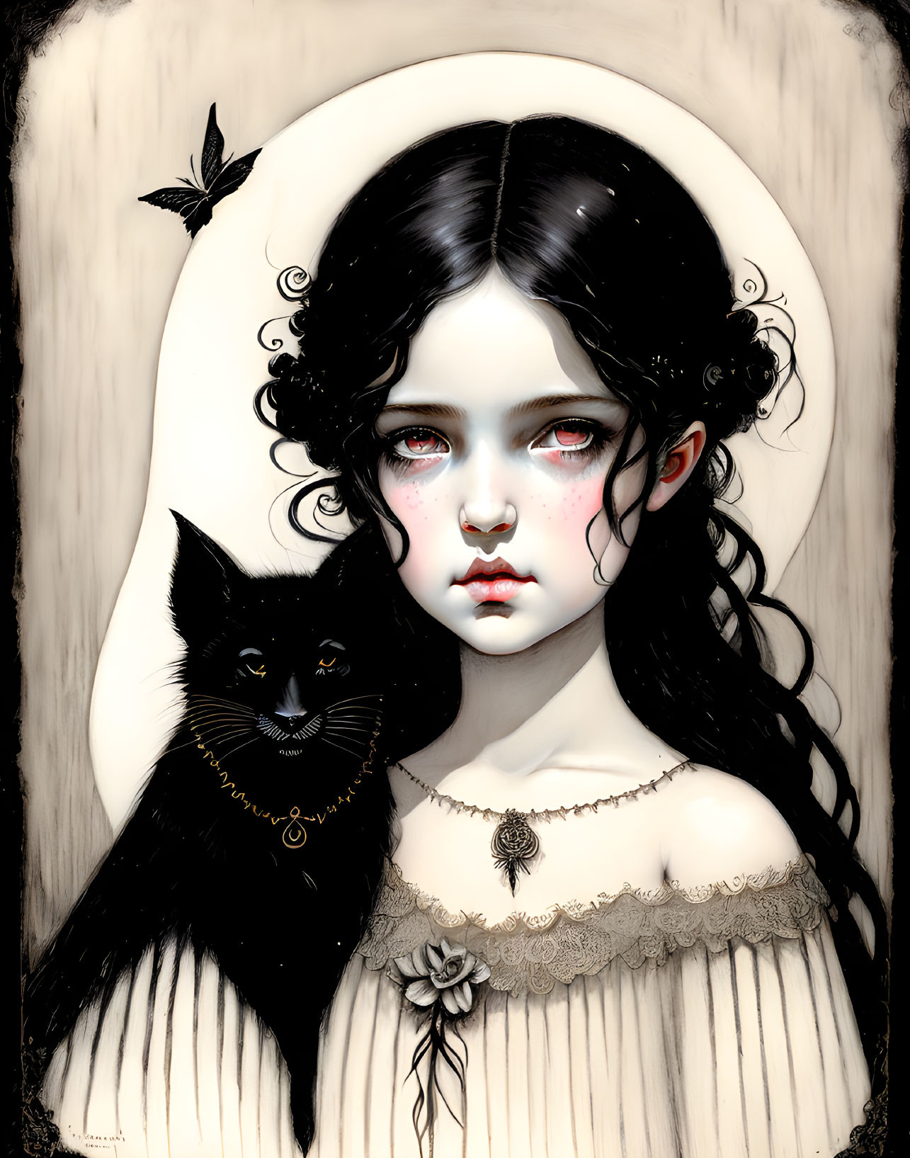 Gothic-style pale girl with dark hair and red eyes, black cat with golden necklace on beige