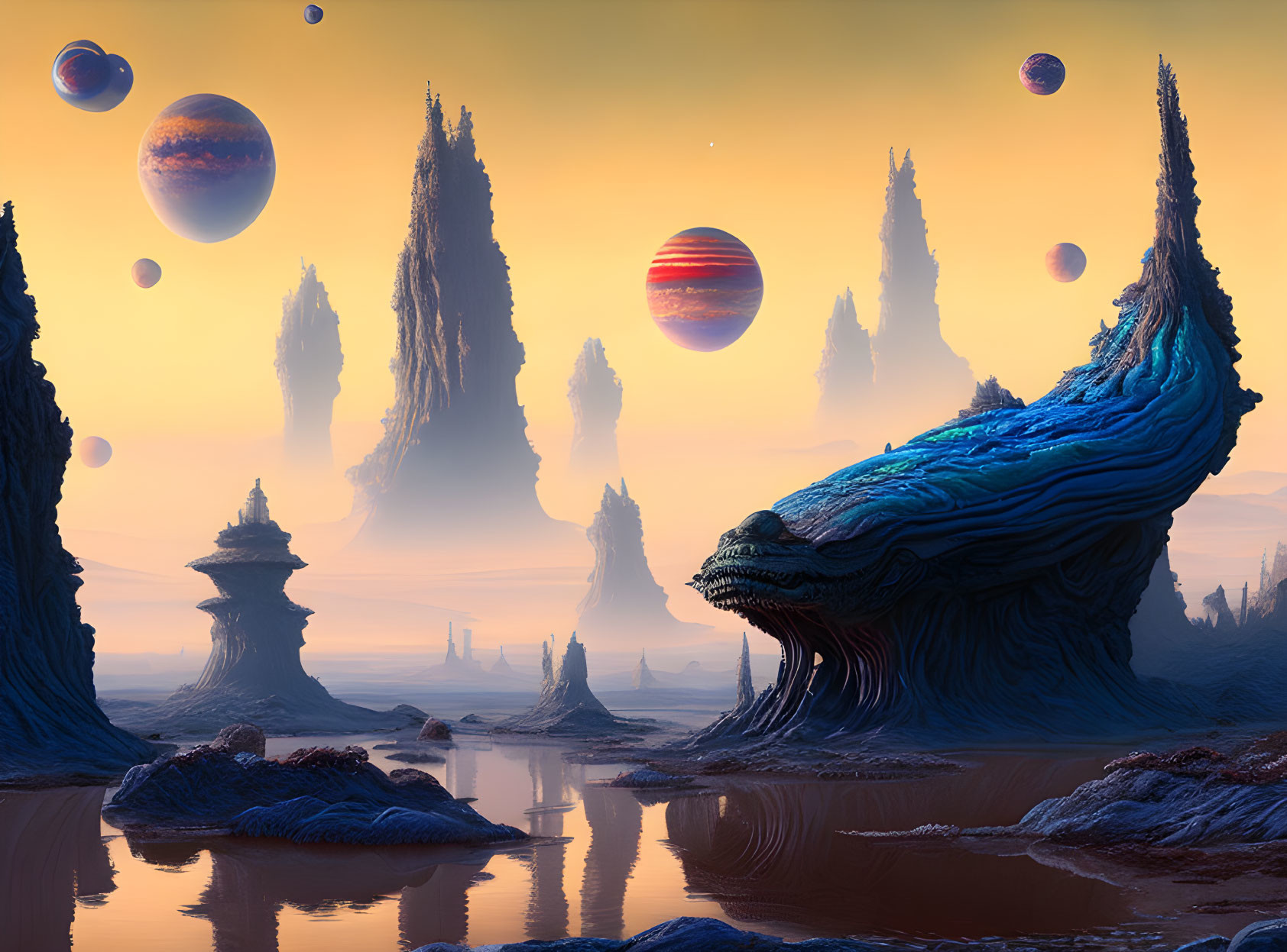 Surreal landscape with towering rock formations and multiple planets in warm light