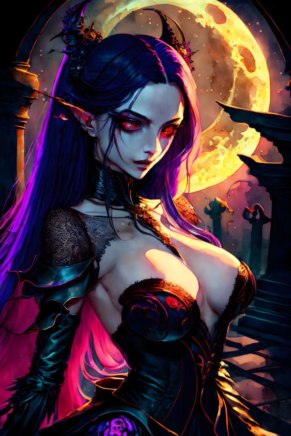 Illustration of female character with long black hair, red eyes, pointed ears, and gothic attire