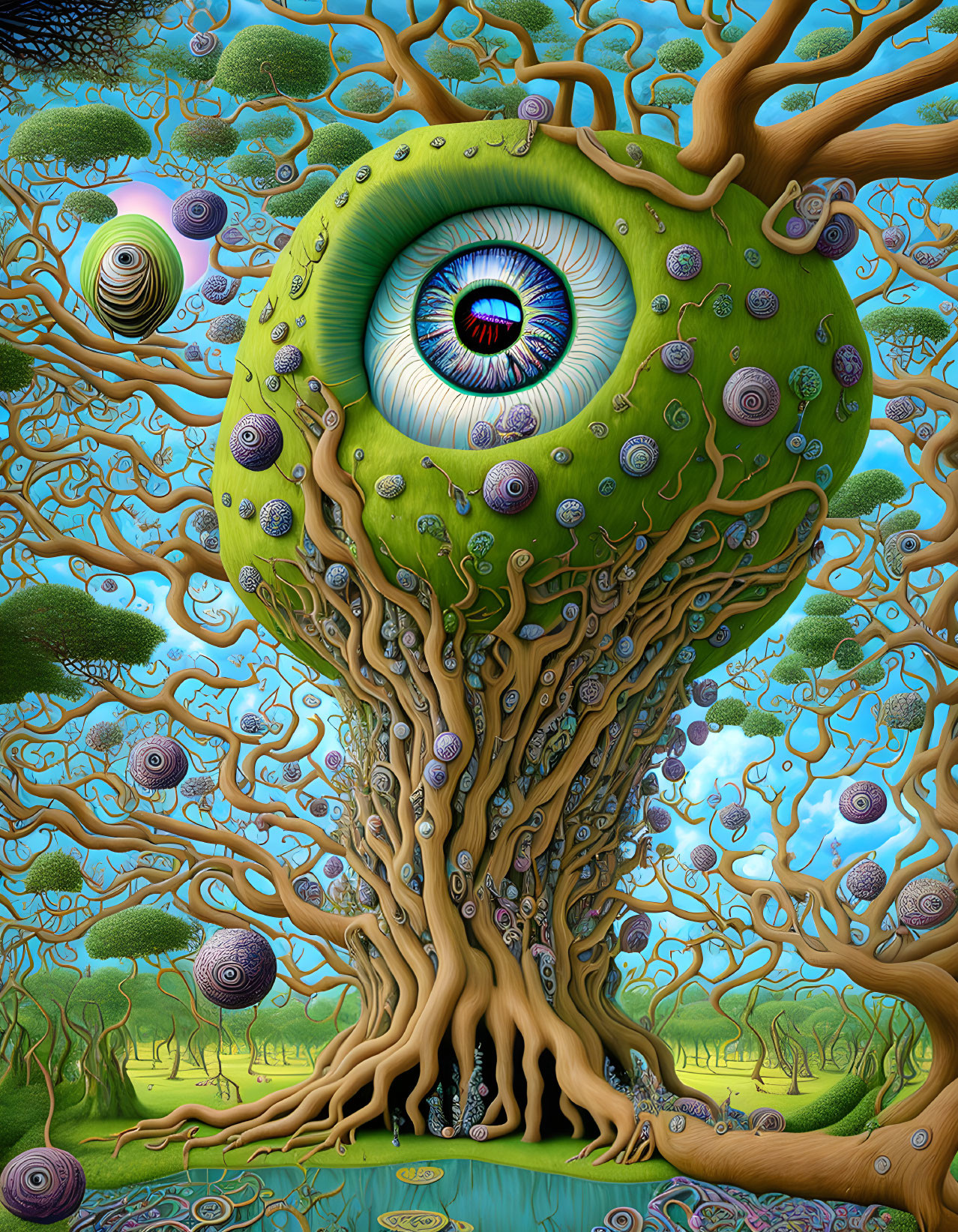 Surreal artwork: large eye in tree with intertwining branches and scattered smaller eyes